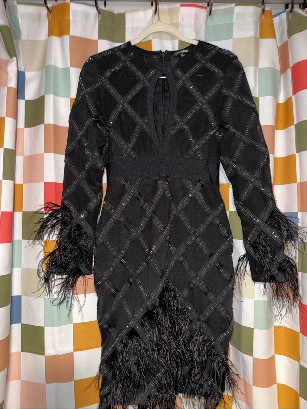 Fashion Nova Black Feather Trim Sequin Diamond Mesh Long Sleeve Bodycon Mini